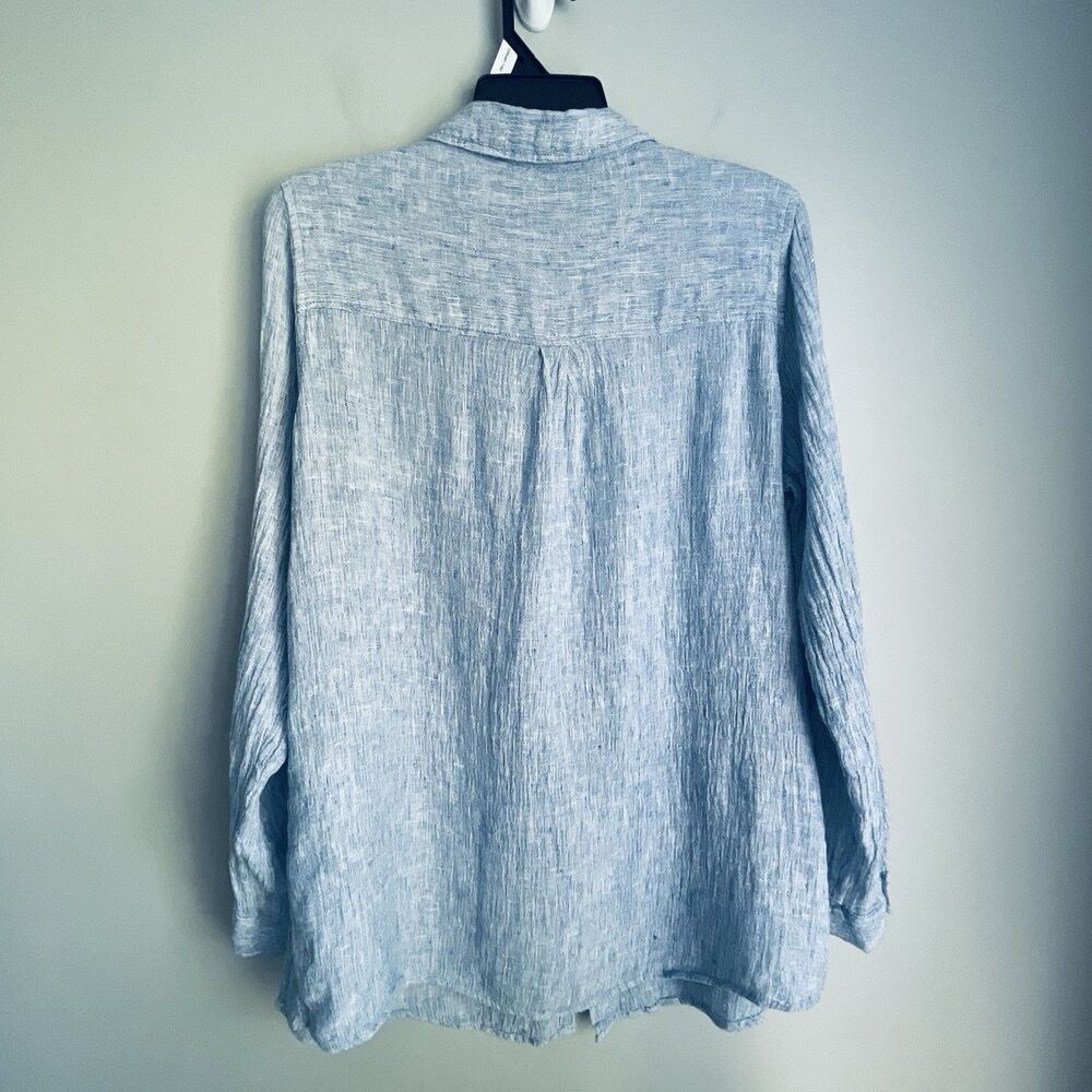 Tahari European Flax 100% Linen Shirt Women's L Blue Woven Textured Button Up - Picture 4 of 13